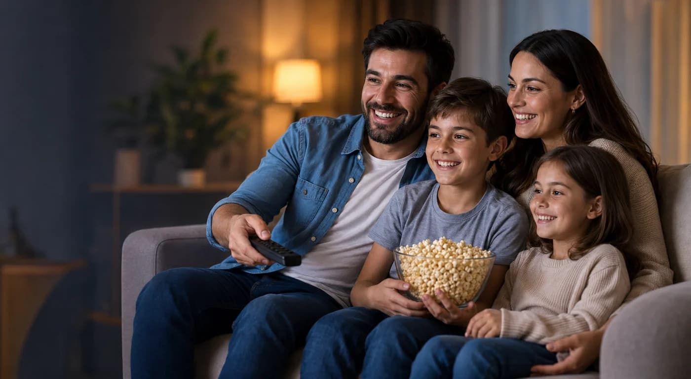 Famille installée sur un canapé en train de regarder la télévision ensemble, télécommande à la main