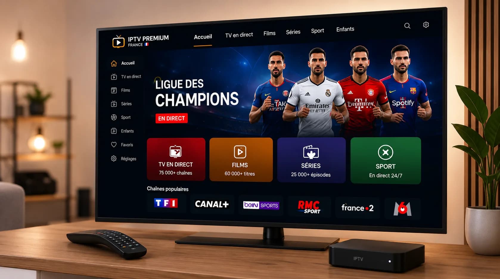 Téléviseur affichant une interface de streaming IPTV avec chaînes en direct, films et séries, télécommande posée devant